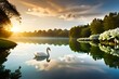 The lake and green grass around it is beautiful with swans swimming. Generative AI