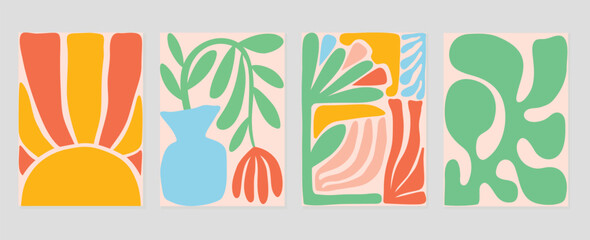 Set of abstract cover background inspired by matisse. Plants, leaf branch, coral, flower, vase in hand drawn style. Contemporary aesthetic illustrated design for wall art, decoration, wallpaper.