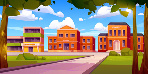 Wall Mural - Cartoon school, kindergarten, university buildings. Vector illustration of city street with educational institutions, green lawn and trees on campus, blue sky with fluffy clouds. Modern architecture