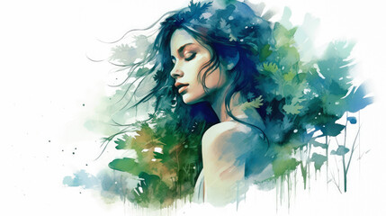 Wall Mural - Double exposure portrait woman with a plants and leaves. Colorful creative watercolor illustration. Generative Ai