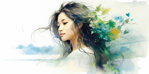 Poster - Double exposure portrait of young asian woman with a plants and leaves. Colorful creative watercolor illustration. Generative Ai