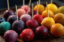 Colorful Assortment Of Nitrogenfrozen Fruit Sorbet Balls On Sticks. Generative AI