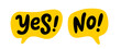 YES NO icon logo. Word yes no text on talk shape. Vector illustration yes no in speech bubble on white background. Design element for badge, sticker, mark, symbol icon and card chat. Test question