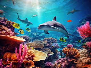 Wall Mural - Dolphin with group of colorful fish and sea animals with colorful coral underwater in the ocean