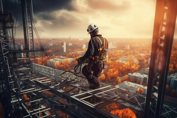Wall Mural - construction engineer worker at heights,architecture sci-fi construction working platform on top of building, suspended cables, fall protection and scaffolding installation.