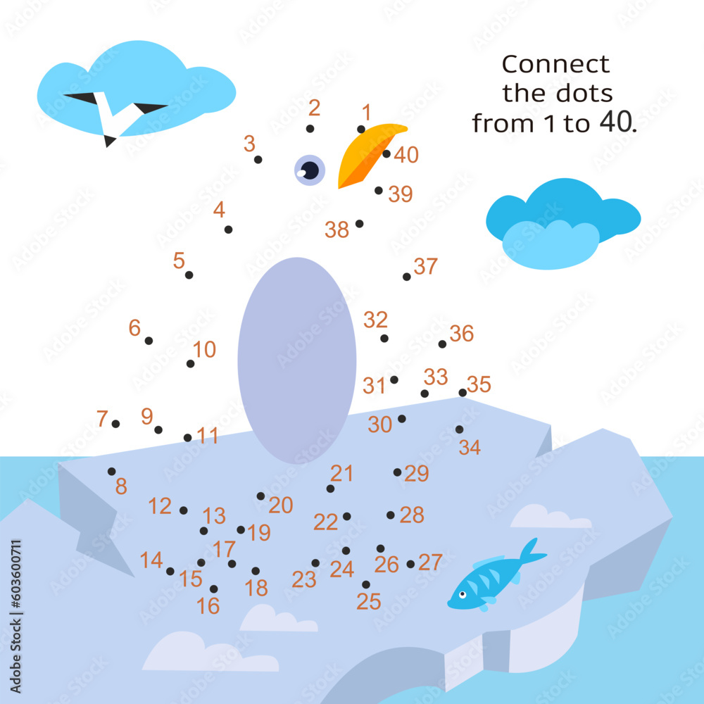 Connect the dots from 1 to 40. Educational game for kids. Cute penguin ...