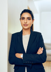 Sticker - Business woman, portrait and arms crossed of a lawyer employee at a law firm. Focus, company worker and female person with confidence and proud from professional attorney job and work success