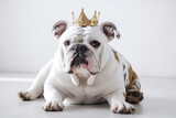 Fototapeta  - Beautiful Bulldog Dog In Gold Crown On White Background. Generative AI