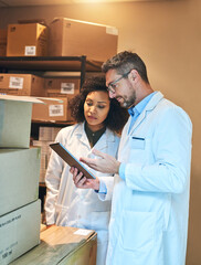 Poster - Tablet, box and pharmacy with people and checklist for shipping, cargo or medical supplies. Digital, inventory and delivery with man and woman in storage room for medicine, healthcare and drugs store