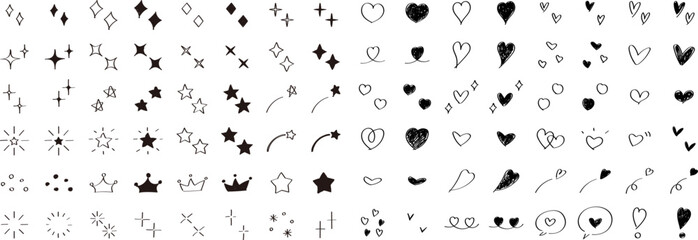 Wall Mural - かわいい手書きの星・キラキラ・ハートのセット　ベクター　アイコン　set of cute hand drawn stars and hearts