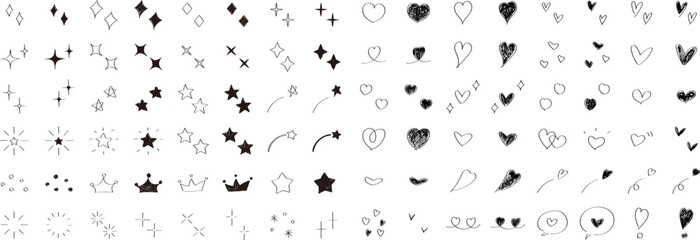 Wall Mural - かわいい手書きの星・キラキラ・ハートのセット　ベクター　アイコン　set of cute hand drawn stars and hearts