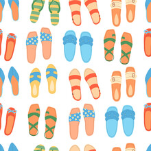 Seamless Pattern Of Colorful Hand Drawn Summer Shoes In Flat Vector Style. Print Design For Children Apparel, Textile, Wallpaper, Packaging