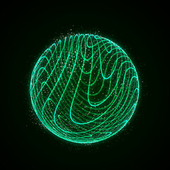 Poster - Futuristic green sphere made of particles. Flow of atoms in cyberspace. Space energy spread concept. 3D rendering.