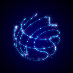Poster - Sphere of blue particles in cyberspace. Impulse dynamic flow of global energy energy. Futuristic technology style. 3D rendering.