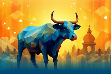 Poster - Eid Al Adha mubarak bakrid festival with cow and mosque. Generated by generative AI