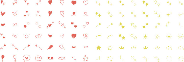 Wall Mural - かわいい手書きの星・キラキラ・ハートのセット　ベクター　アイコン　Set of cute hand drawn stars and hearts