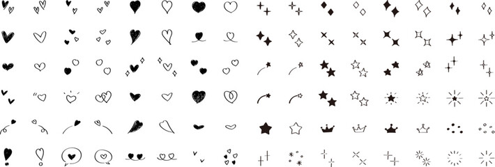 Wall Mural - かわいい手書きの星・キラキラ・ハートのセット　ベクター　アイコン　Set of cute hand drawn stars and hearts