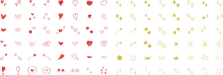 Wall Mural - かわいい手書きの星・キラキラ・ハートのセット　ベクター　アイコン　set of cute hand drawn stars and hearts
