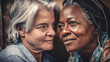 © Roman - Old women lesbian couple. Black and Caucasian female in love. LGBT pride month celebration generative ai