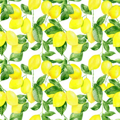 Handpainted watercolor seamless pattern with lemons