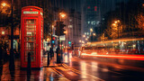 Fototapeta Londyn - London streetscape at night. City blurred lights reflected in the wet streets. Red London phone box in the foreground. Generative AI