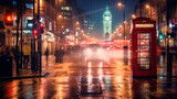 Fototapeta Londyn - London streetscape at night. City blurred lights reflected in the wet streets. Red London phone box in the foreground. Generative AI