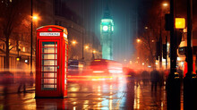 London Streetscape At Night. City Blurred Lights Reflected In The Wet Streets. Red London Phone Box In The Foreground. Generative AI