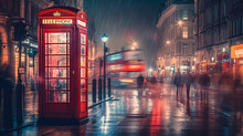 London Streetscape At Night. City Blurred Lights Reflected In The Wet Streets. Red London Phone Box In The Foreground. Generative AI
