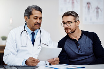 Poster - Results, talking and doctor with a man and tablet for consulting, advice and help with health. Planning, medicine and a mature hospital worker speaking to a patient about medical service on tech