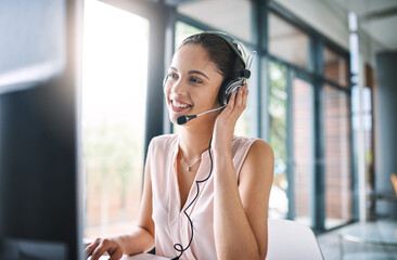 Aufkleber - Happy woman, call center and consulting with headphones in customer service, support or telemarketing at office. Friendly female person or consultant agent with smile and headset for online advice