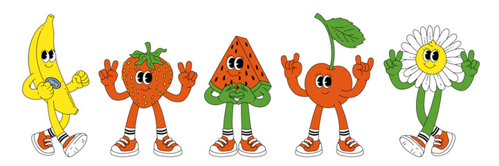 Wall Mural - Fruit retro funky cartoon characters. Comic mascot of cherry strawberry banana watermelon flower with happy smile face, hands and feet. Groovy summer vector illustration. Fruits juicy sticker pack.