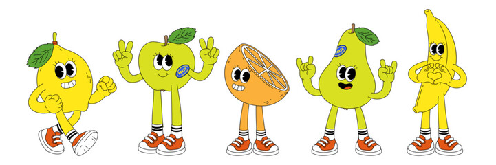 Wall Mural - Fruit retro funky cartoon characters. Comic mascot of banana lemon apple orange pear with happy smile face, hands and feet. Groovy summer vector illustration. Fruits juicy sticker pack.