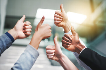Poster - Thumbs up, success and teamwork with hands of business people in office for agreement, like and yes. Emoji, support and community with group of employees for goals, thank you and motivation