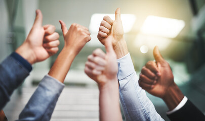 Poster - Thumbs up, winner and support with hands of business people in office for agreement, yes and teamwork like. Emoji, success and community with group of employees for goals, thank you and motivation