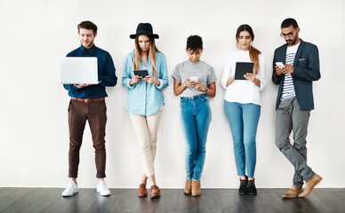 Aufkleber - Diversity, connection and people on social media, online networking or digital communication on technology. Group, wireless connectivity and talking on phone, laptop or tablet and mockup background