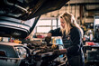 Blonde long-haired mechanic repairs the engine of a motor vehicle in a car repair shop, made with generative ai