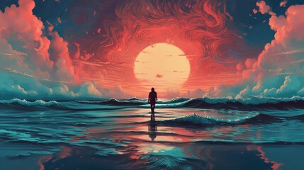 Wall Mural - A person walking on water in a surreal beach. Fantasy concept , Illustration painting. Generative AI