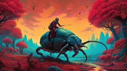 Wall Mural - A person riding a giant beetle through a surreal landscape. Fantasy concept , Illustration painting. Generative AI