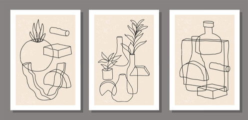 Wall Mural - Set of minimalist 20s geometric design poster with primitive line art shapes