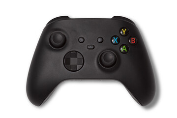 Canvas Print - photo of used black gamepad console controller isolated over a transparent background, gaming design