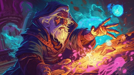 Wall Mural - A sorcerer casting a spell with arcane power. Fantasy concept , Illustration painting. Generative AI