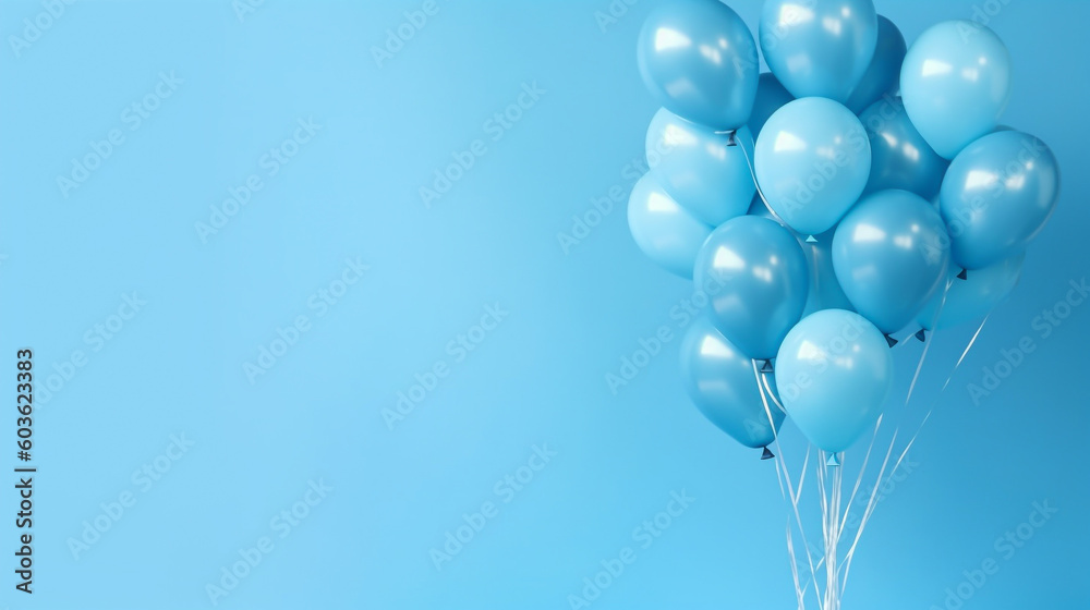 A generative AI image of blue helium party balloons floating on a blue ...