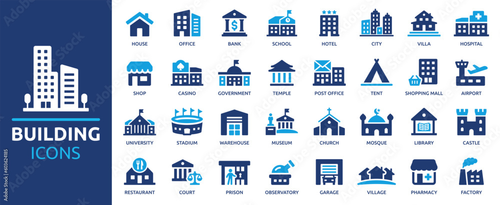 Building icon set. Containing house, office, bank, school, hotel, shop, university and hospital icons. Solid icon collection. Vector illustration.