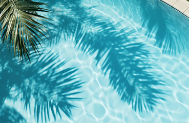 Sticker - Summer tropical background. Swimming pool with tropical leaf shadow. Generative ai