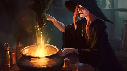 Wall Mural - A witch brewing a potion. Fantasy concept , Illustration painting. Generative AI