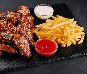 Wall Mural - chicken wings with legs in Chinese sauce with french fries