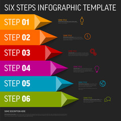 Poster - Simple dark infographic with six steps on big stripes and arrows