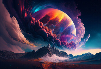 Wall Mural - Fantasy alien planet. Mountain. 3D illustration of a fantasy planet. generative ai