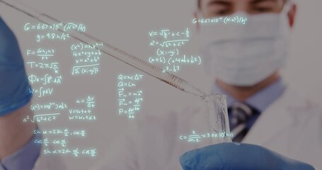 Poster - Animation of mathematical equations over caucasian male doctor taking samples