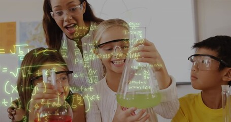 Poster - Animation of mathematical equations over diverse schoolchildren with teacher in lab